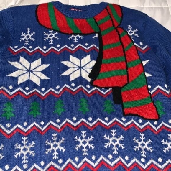 Hybrid Holiday Sweater Blue Snowflake Print With Scarf Motif Medium - Picture 2 of 7